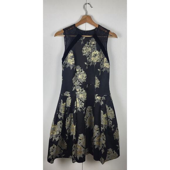 Carmen Marc Valvo Dresses & Skirts - Silk Trim Metallic Floral Midi Fit and Flare Pleated Carmen Marc Valvo Dress | 4